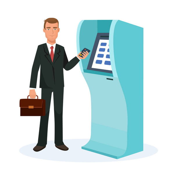 Businessman stands next to terminal, for cash withdrawal from card. - Vector, Image