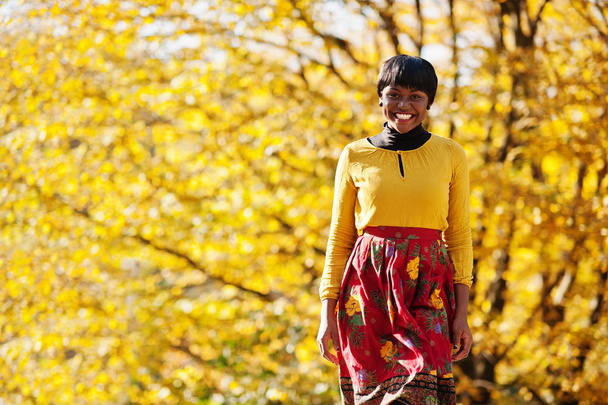 African american girl at yellow and red dress at golden autumn f - Foto, immagini
