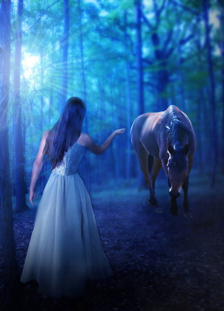 馬を持つ若い女性 - 写真・画像