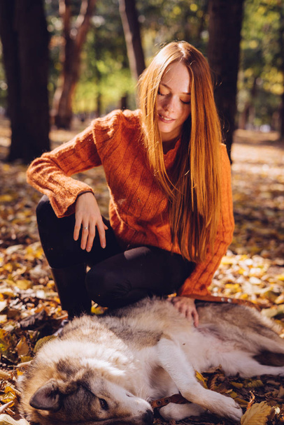 red-haired beautiful girl is playing with her big dog in a pile of autumn-fallen leaves - Fotó, kép