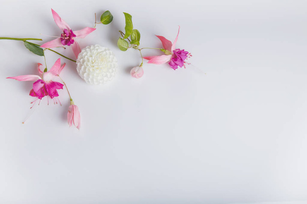 Festive flower composition on the white wooden background. Overhead view - Foto, Imagen