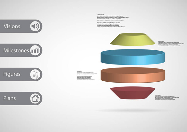 3D illustrazione modello infografico con ottagono rotondo diviso orizzontalmente a quattro fette di colore
 - Vettoriali, immagini
