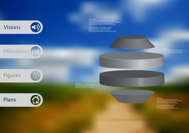 3D kuva infografinen malli pyöreä Octagon vaakasuoraan jaettu neljään harmaata viipaletta
 - Vektori, kuva
