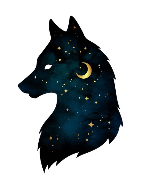 Silhouette di lupo con luna crescente e stelle isolate. Adesivo, stampa o disegno del tatuaggio vettoriale illustrazione. Totem pagano, spirito familiare wiccan arte - Vettoriali, immagini