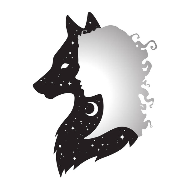 Silhouette de belle femme avec ombre de loup avec croissant de lune et étoiles isolées. Autocollant, illustration vectorielle de conception d'impression ou de tatouage. Totem païen, art spirituel familier wiccan - Vecteur, image