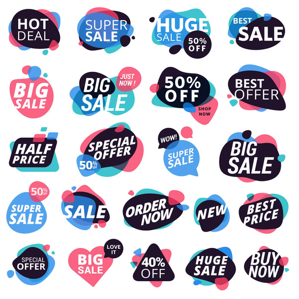 Set of colorful eye-catching stickers and badges, product promotion, special offer, shopping - Vector, Image