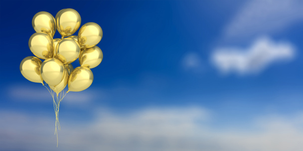 goldene Luftballons auf blauem Himmel Hintergrund. 3D-Illustration - Foto, Bild
