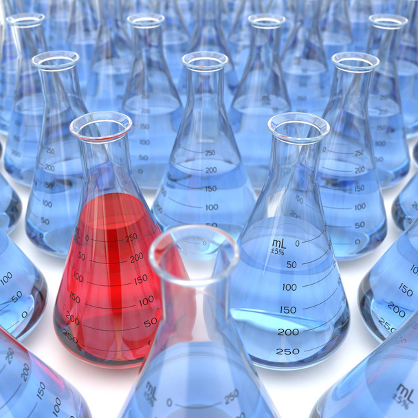 3D renderizando uma série de frascos químicos idênticos
 - Foto, Imagem