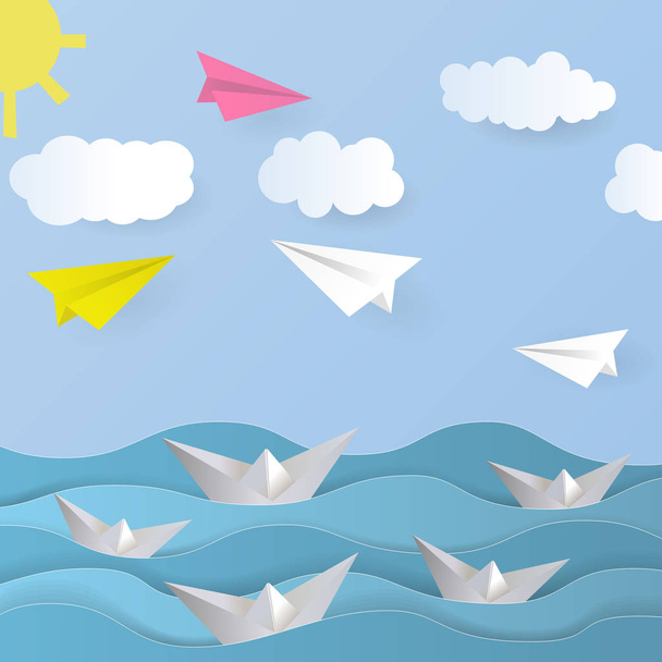 Vector Paper Background. Paper boat, paper airplane, paper sea, paper sky, paper cloud, paper sun. Origami Vector Illustration. - Vector, Image