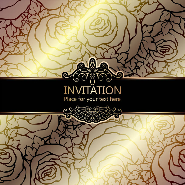 Abstract background with roses, luxury beige and gold vintage frame, damask floral wallpaper ornaments, invitation card with place for text, baroque style booklet, fashion pattern, template for design - Vector, Image