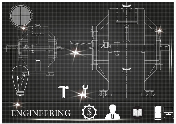Dibujos de construcción de máquinas sobre un fondo negro
 - Vector, Imagen