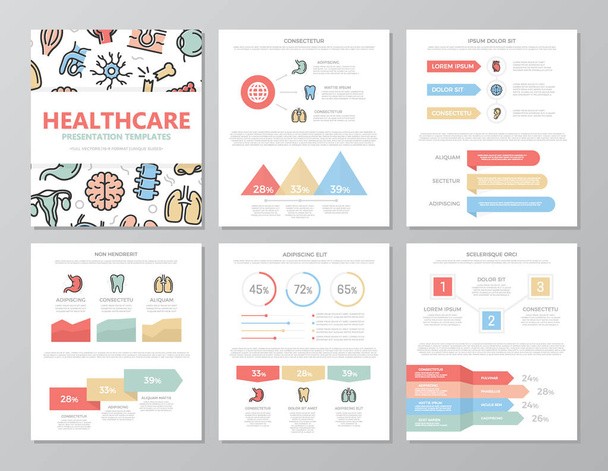Joukko värillisiä lääketieteellisiä ja terveydenhuollon elementtejä monikäyttöiseen4 esitysmalli dioja kaavioita ja kaavioita. Esite, yritysraportti, markkinointi, mainonta, vuosikertomus, kirjankansi
 - Vektori, kuva