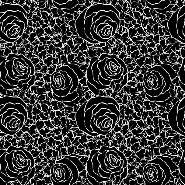 Fondo blanco y negro decorativo floral con rosas lindas, patrón monocromo sin costuras
 - Vector, Imagen