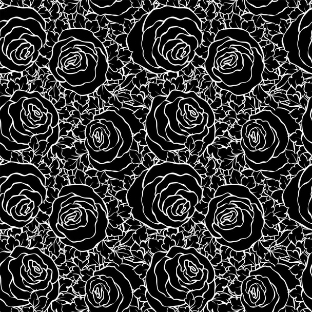 かわいいバラ、モノクロのシームレスなパターンで花の装飾的な黒と白の背景 - ベクター画像