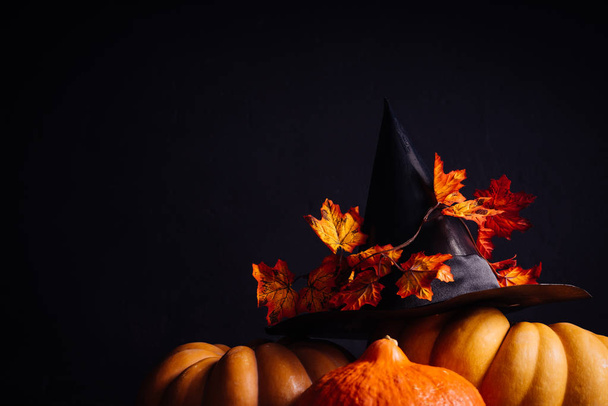 large Halloween pumpkins. Witch hat in autumn leaves rests on pumpkins on a black background - Foto, afbeelding