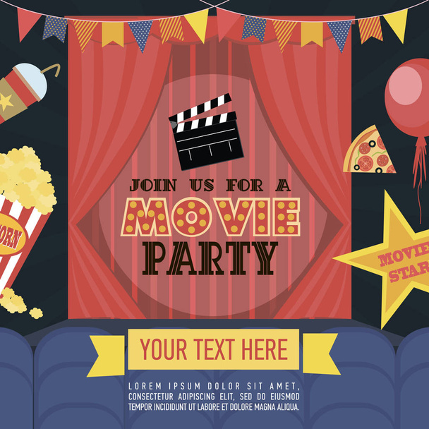 Κάρτα πρόσκληση πάρτι γενεθλίων, ταινία κόμμα, κόμμα του Χόλιγουντ. Αφίσα κινηματογράφο - Διάνυσμα, εικόνα