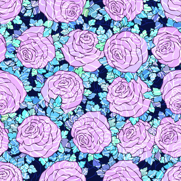 Floral decorativo brilhante papel de parede com rosas bonitos, padrão sem costura em cores lilás no fundo azul
 - Vetor, Imagem