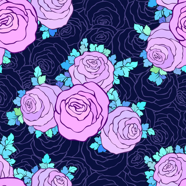 Floral decorative bright wallpaper with cute roses, seamless pattern in lilac colors on blue background - Wektor, obraz