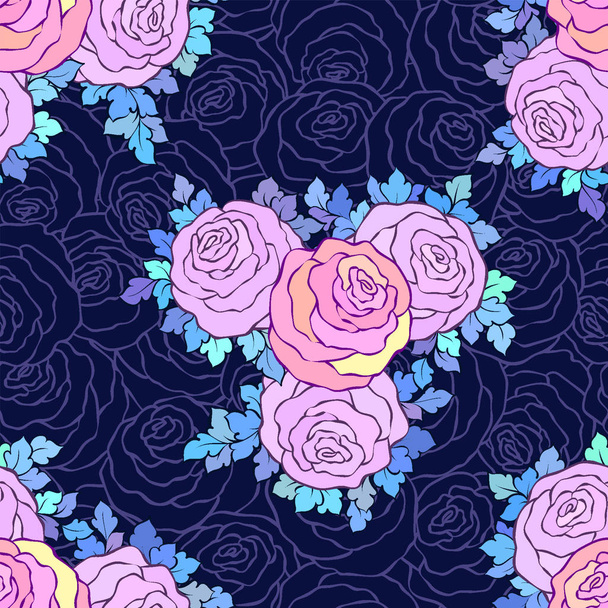 Floral decorative bright wallpaper with cute roses, seamless pattern in lilac colors on blue background - Vector, afbeelding