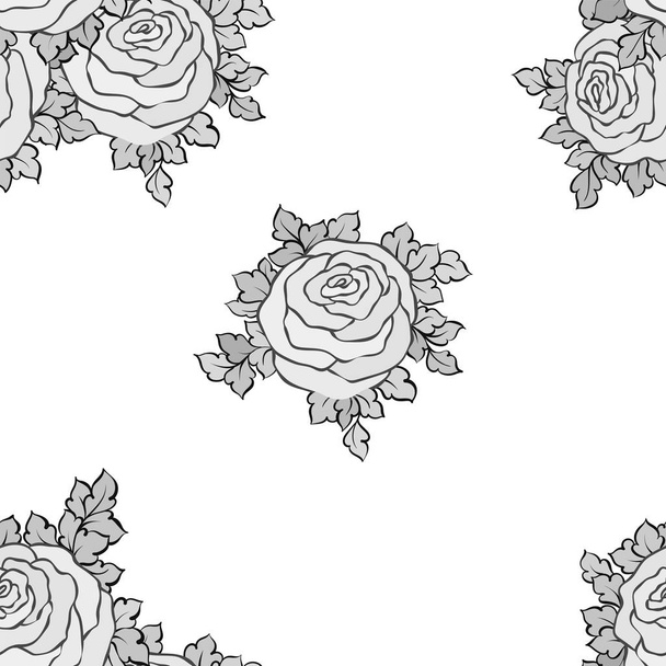 Floral διακοσμητικά μαύρο και άσπρο φόντο με χαριτωμένο τριαντάφυλλα, μονόχρωμη χωρίς ραφή πρότυπο - Διάνυσμα, εικόνα