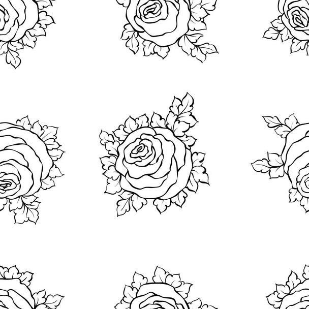 Floral decorative black and white background with cute roses, monochrome seamless pattern - Vector, Image