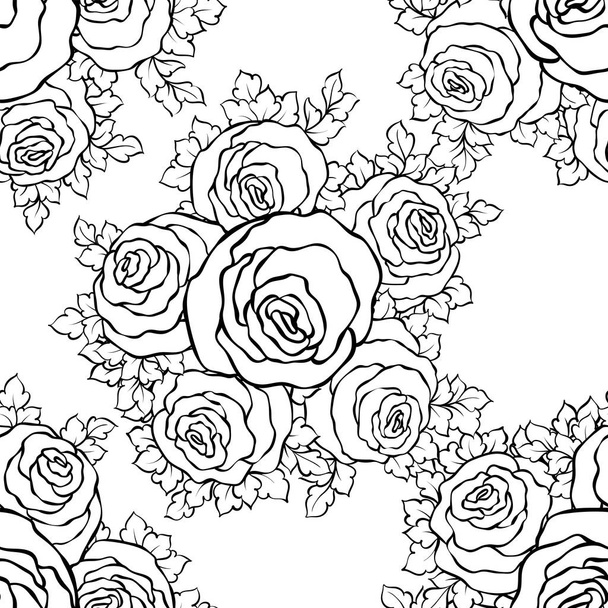 Virágos dekoratív fekete-fehér háttér, aranyos rózsákkal, monokróm zökkenőmentes minta - Vektor, kép