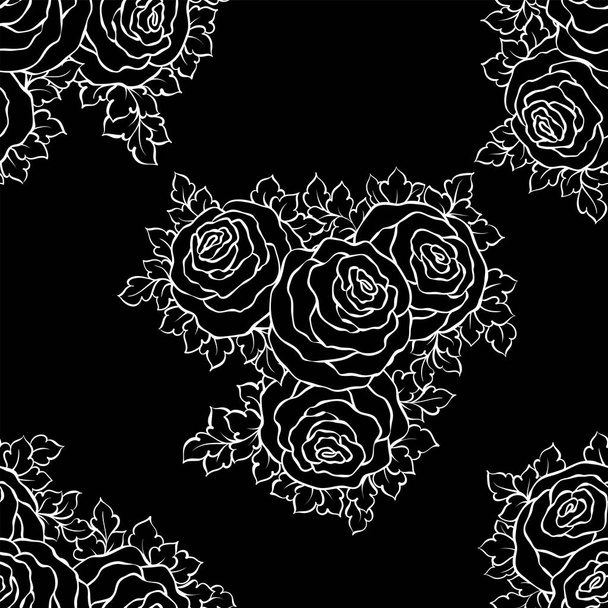 Floral decorative black and white background with cute roses, monochrome seamless pattern - Vector, Image