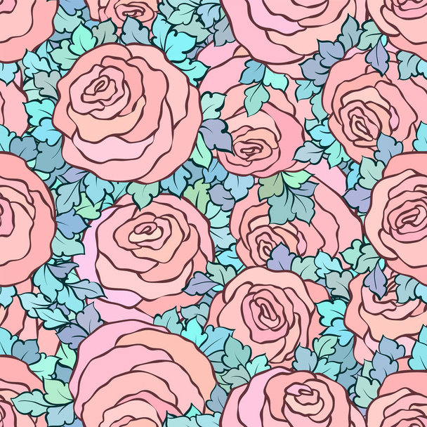 Blumenschmuck leuchtend rosa Hintergrund mit niedlichen Rosen, nahtloses Muster in pastellrosa Farben - Foto, Bild