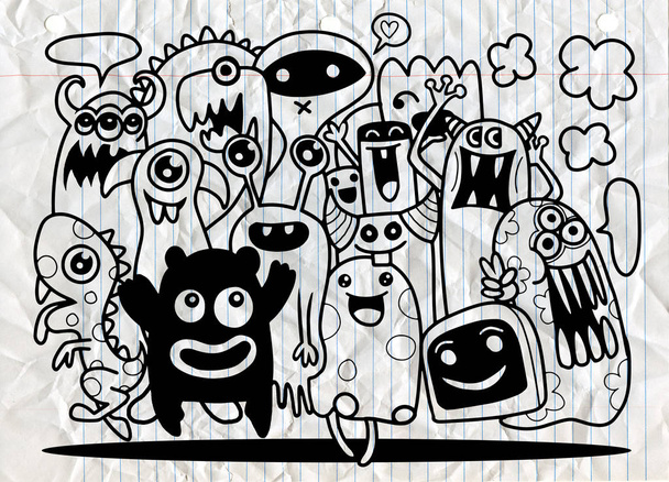 Conjunto de monstro bonito, Mão desenho bonito grupo de monstro doodle, Flat De
 - Vetor, Imagem