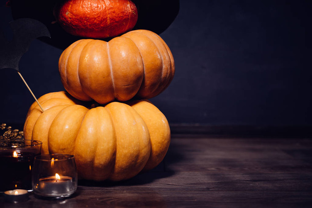 candles for Halloween, pumpkin, scary stories, autumn holiday. Halloween pumpkin background. Halloween. Happy Halloween. jack-o-lantern. - Фото, изображение