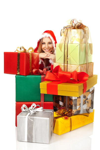 Female smiling pile christmas boxes - Foto, Imagem