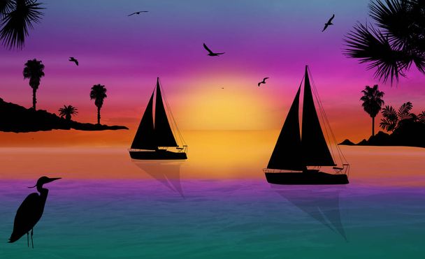 Sziluettjét a gyönyörű naplemente a tengeren sailingboats - Vektor, kép