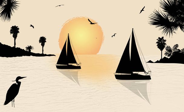 Силуэт парусника у моря на прекрасном закате
 - Вектор,изображение