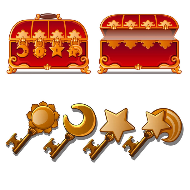 Red ancient chest with different Golden keys. Secret box for treasure. Picture of inventory for game and other design needs. Vector illustration isolated on white background - Vektor, obrázek