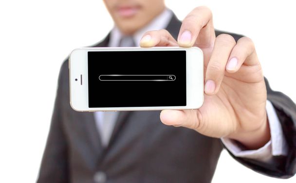 zakenman, het aanbieden van de smartphone zoeken hier op witte backgro - Foto, afbeelding