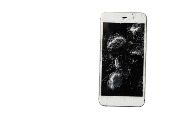 Cracked screen of smartphone mobile black glasses top view photography. - Photo, Image