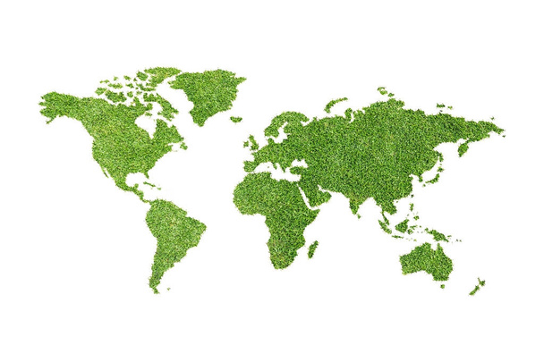 Ökológiai világtérkép zöld fűben elszigetelt fehér background. Reális nagy felbontású 3D-s illusztráció. - Fotó, kép