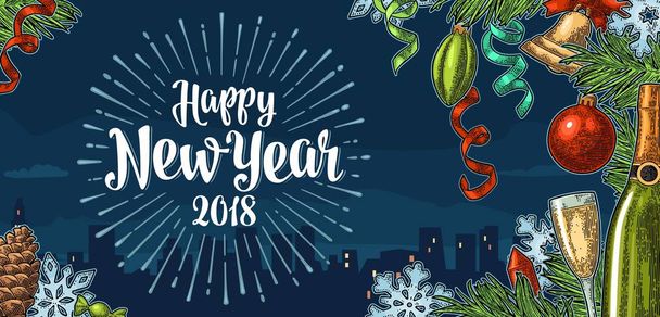 Αφίσα οριζόντια γράμματα καλλιγραφία ευτυχισμένο το νέο έτος με χαιρετισμό - Διάνυσμα, εικόνα