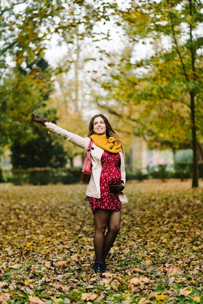 Joyful pregnant woman in autumn at the park - Photo, image