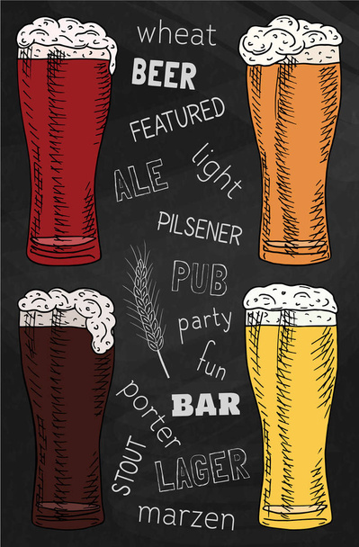 Beer featured. Beautiful illustration of stout, ale, light and lager beer on the chalkboard background - Vector, Image