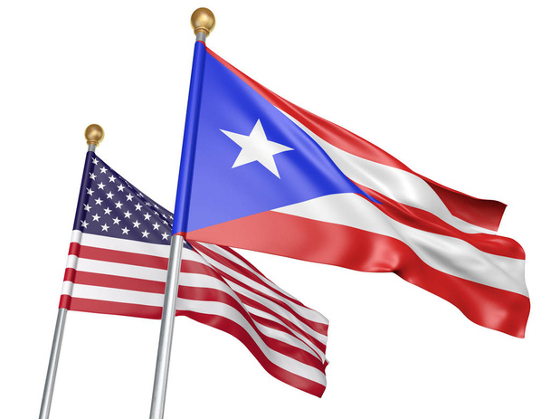 Na białym tle flagi Puerto Rico i Stany Zjednoczone, latające razem dla jedności i wsparcie, renderowania 3d - Zdjęcie, obraz