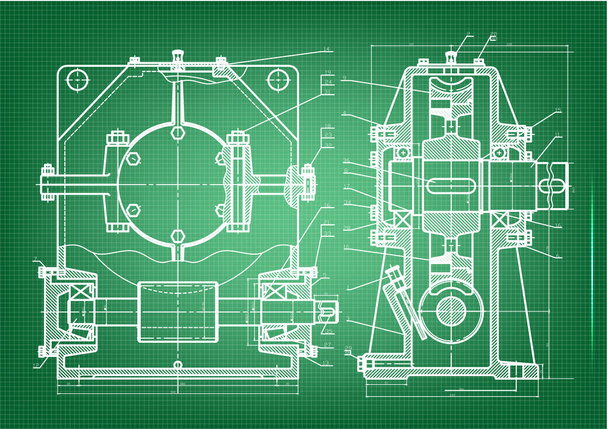Dibujos de construcción de máquinas sobre un fondo verde
 - Vector, Imagen