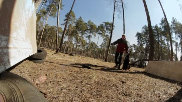 Ο ιδιοκτήτης εκπαιδεύει το σκύλο σε μια αυτοσχέδια πλατφόρμα μέσα στο δάσος - Πλάνα, βίντεο