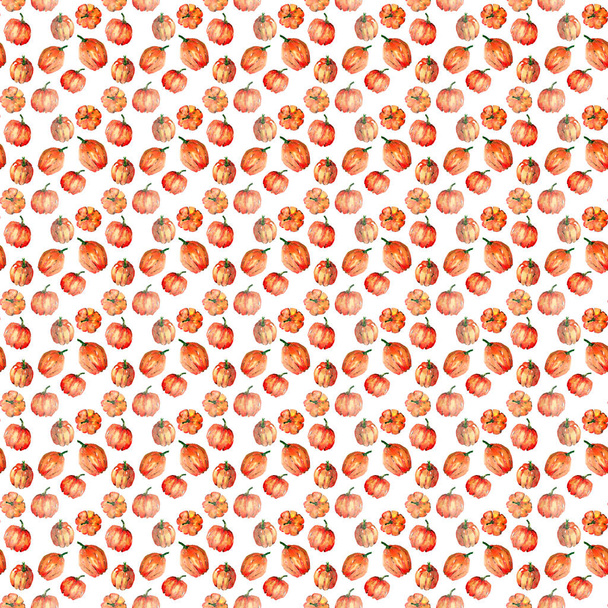 Graphic artistic abstract bright cute autumn ripe tasty colorful halloween orange pumpkins pattern watercolor hand illustration. Perfect for textile, wallpapers, greetings card, backgrounds - Photo, Image