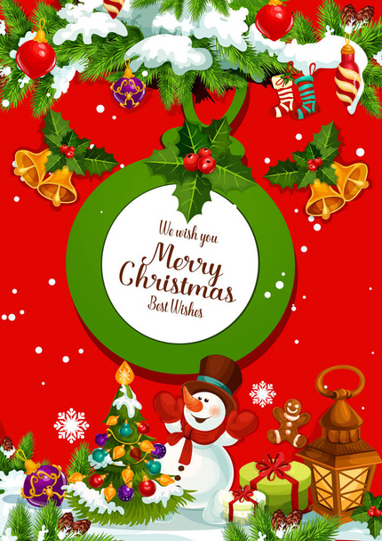 Vánoční stromeček s dárky a sněhulák blahopřání - Vektor, obrázek