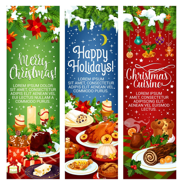 Merry Christmas vector dinner cuisine banners - Vector, Image