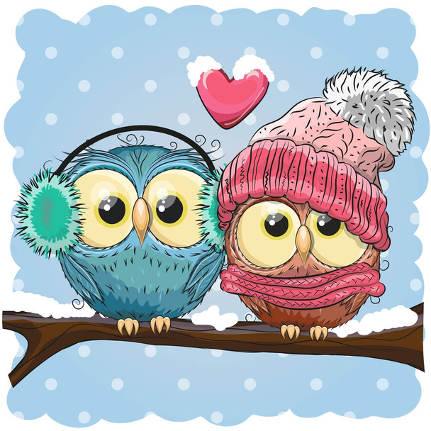 Two cute drawn Owls  sits on a branch - Διάνυσμα, εικόνα