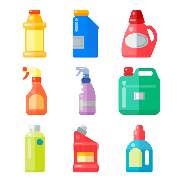 Bottles of household chemicals supplies cleaning housework plastic detergent liquid domestic fluid cleaner pack vector illustration. - Vector, Imagen