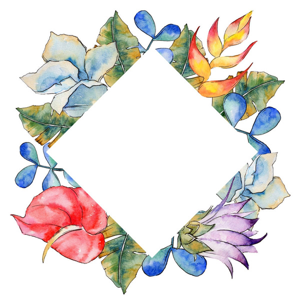 Tropical plant leaves frame in a watercolor style. - Φωτογραφία, εικόνα