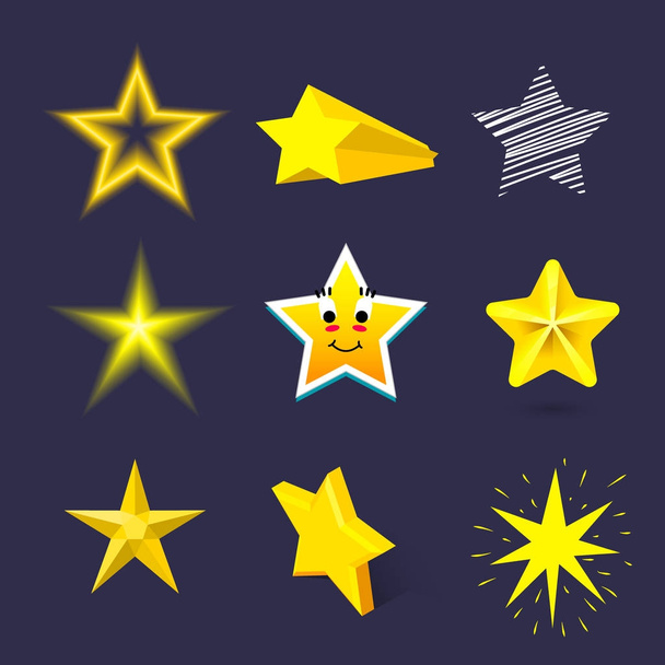 Different style shape silhouette shiny star icons collection vector illustration on blue background - Vector, Image